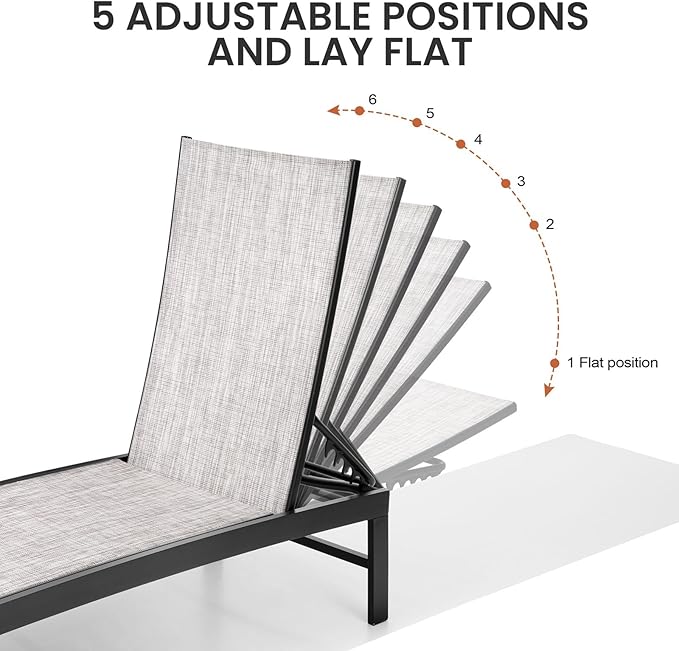 Crestlive Products Chaise Lounge Chair Outdoor Set of 2, Adjustable 5 Positions Pool Tanning Recliner, Outdoor Lounge Furniture Perfect for Patio, Beach, Yard, Pool