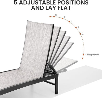 Crestlive Products Chaise Lounge Chair Outdoor Set of 2, Adjustable 5 Positions Pool Tanning Recliner, Outdoor Lounge Furniture Perfect for Patio, Beach, Yard, Pool