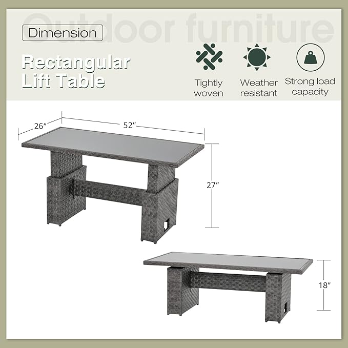 SUNSITT Outdoor Patio Lift Dining Table, Rectangle Patio Coffee Table with Glass Tabletop, Wicker Furniture Multi-Function Dining Table for Backyard, Deck, Garden, Grey