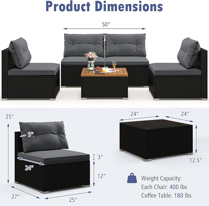 Tangkula 5 Piece Rattan Sofa Set, Outdoor Wicker Furniture Set w/Seat & Back Cushions, Square Coffee Table, Patio Sofa Set for Backyard, Poolside (Grey)