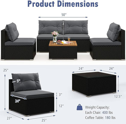 Tangkula 5 Piece Rattan Sofa Set, Outdoor Wicker Furniture Set w/Seat & Back Cushions, Square Coffee Table, Patio Sofa Set for Backyard, Poolside (Grey)