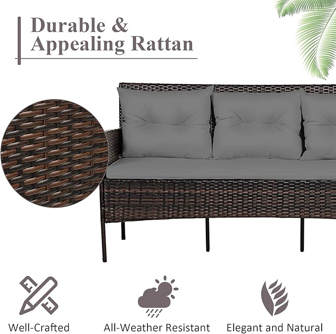 Tangkula 3 Pieces Patio Conversation Set, All Weather Outdoor PE Rattan Wicker Furniture Set with Padded Cushions - Photo 8