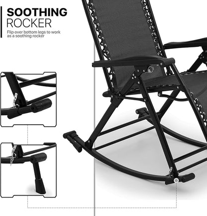 MoNiBloom Rocking Lounger Outdoor Chair Set of 2, Portable High Back Compact Foldable Reclining Zero Gravity Lounge Patio Rocking Chair with Adjustable Armrest and Footrest for Beach Yard Pool Outdoor