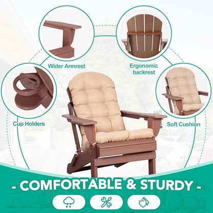 Oversized Adirondack Chair with Cushion & Cup Holder, HDPE Weather Resistant Folding Adirondack Chair for Adults, Outdoor Fire Pit Chairs for Patio/Porch/Swimming Pool/Garden (1, Brown)