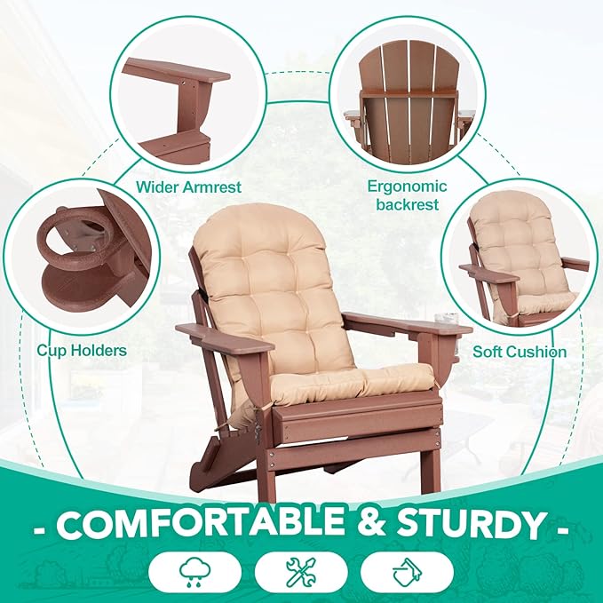 Adirondack Chairs Set of 2 with Cushions & Cup Holders, HDPE Weather Resistant Folding Adirondack Chair for Adults - Photo 4