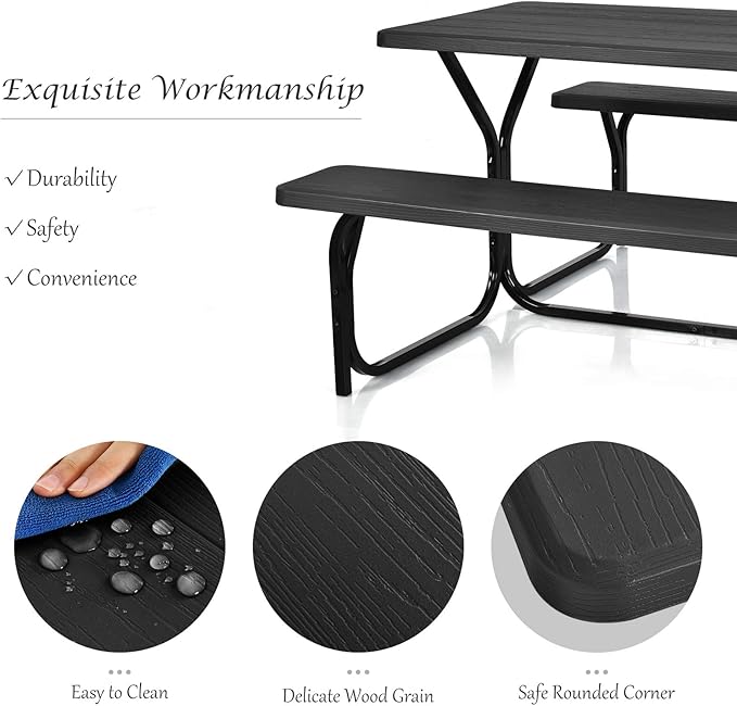Giantex Picnic Bench Set Outdoor Camping All Weather Metal Base Wood-Like Texture Backyard Poolside Dining Party Garden - Photo 5