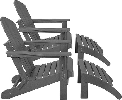 WestinTrends Malibu Outdoor Lounge Chair Set, 4-Pieces Adirondack Chair Set of 2 with Ottoman, All Weather Poly Lumber Patio Lawn Folding Chair for Outside Pool Beach, Gray