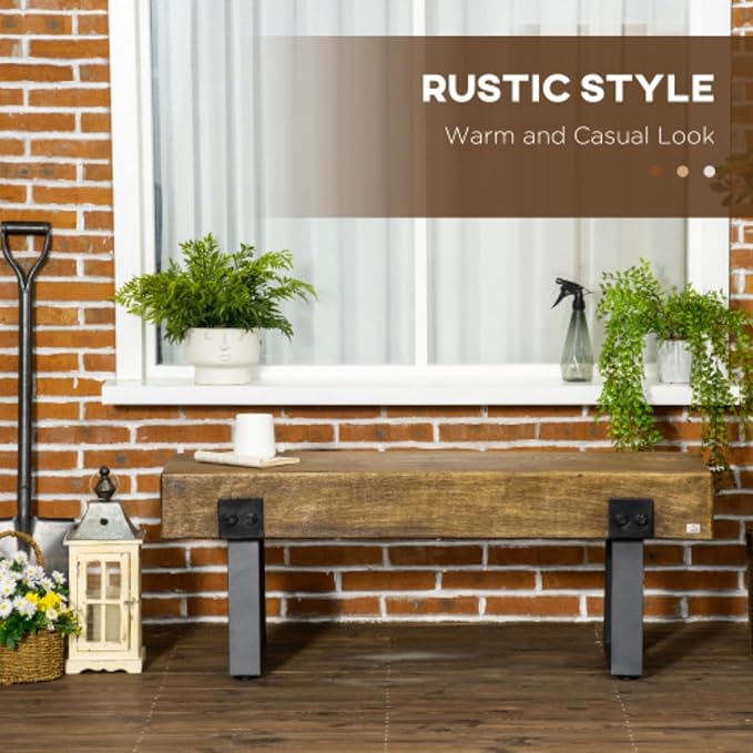 Wood-Effect Concrete Garden Bench with Metal Legs, Rustic Indoor Outdoor Bench for Patio Porch Entryway & End of Bed, All-Weather Durable Furniture, Natural and Black