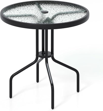 Tangkula 27.5 Inch Round Outdoor Dining Table with Tempered Glass Top, Outside Bistro Table with Umbrella Hole & Metal Frame, Patio Dining Table for Backyard, Lawn, Deck & Poolside