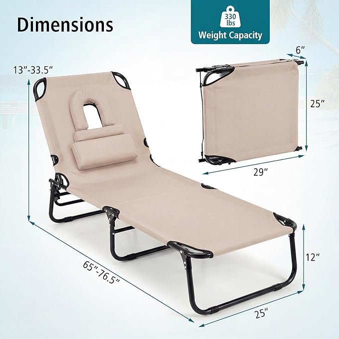 GYMAX Tanning Chair, Folding Lounge Chairs with Face Hole & Cover, Removable Pillow Carry Handle, Portable Compact Outdoor Layout Recliner for Beach, Poolside, Lawn, Patio, Camping (Sand,2)