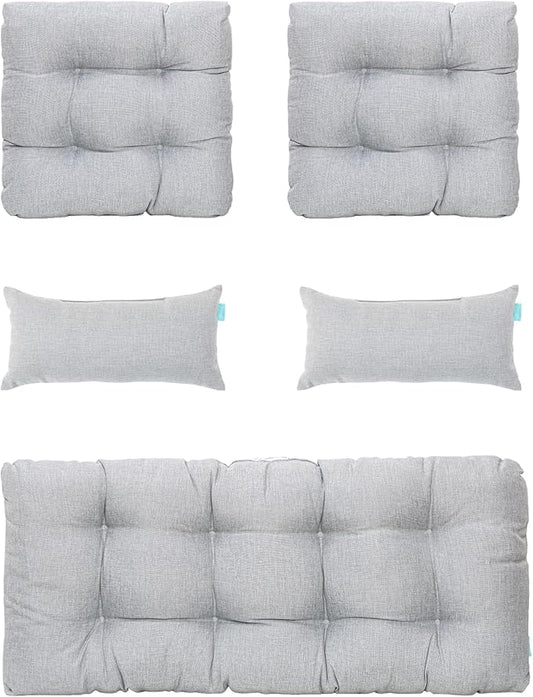 QILLOWAY Outdoor Patio Wicker Seat Cushions Group Loveseat/Two U-Shape/Two Lumbar Pillows for Patio Furniture,Wicker Loveseat,Bench,Porch,Settee of 5 (Silver/White)…