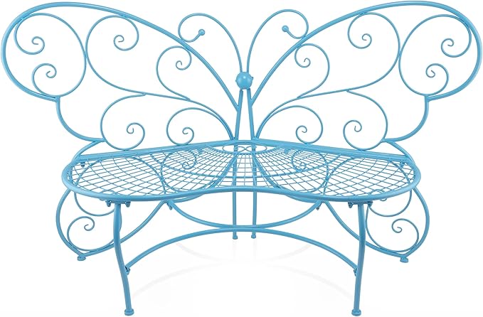 Alpine Corporation BAZ400BL Indoor Outdoor Metal Butterfly Shaped Garden Bench, 62" Long, Blue - Photo 1