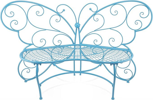 Alpine Corporation BAZ400BL Indoor Outdoor Metal Butterfly Shaped Garden Bench, 62" Long, Blue