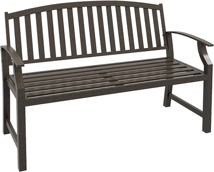 46" Outdoor Garden Bench, Metal Bench, Wood Look Slatted Frame Furniture for Patio, Park, Porch, Lawn, Yard, Deck, Brown