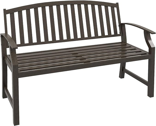 46" Outdoor Garden Bench, Metal Bench, Wood Look Slatted Frame Furniture for Patio, Park, Porch, Lawn, Yard, Deck, Brown