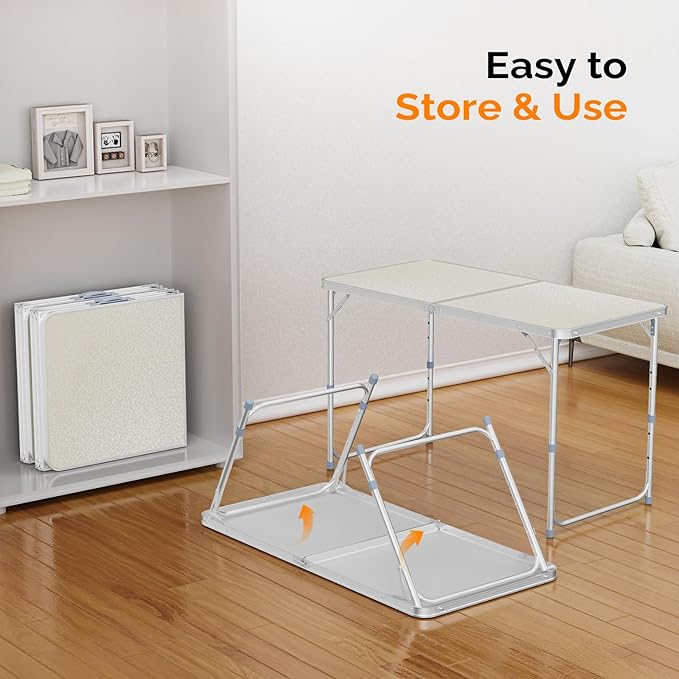 VINGLI 4FT White Folding Table with Carrying Handle Height Adjustable Lightweight Fold Up Portable for Indoor Outdoor - Photo 4