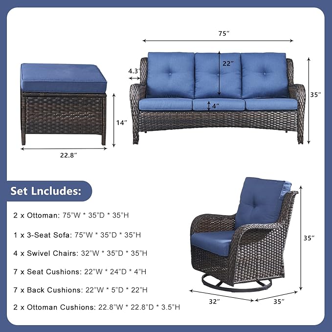 Rilyson Wicker Patio Furniture Set - 7 Piece Rattan Outdoor Sectional Conversation Sets with 4 Swivel Rocking Chairs - Photo 3