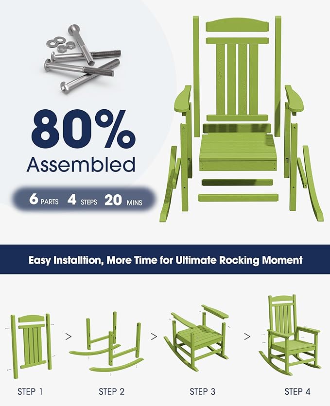 KINGYES Outdoor Rocking Chair Set of 2, HDPE Patio Rocking Chairs with 330lbs Support for Adults, Pistachio Green