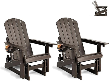 3-Position Adjustable Adirondack Chair with Cup Holder Set of 2, HDPE All-Weather Outdoor Glider Chair, Wood-Grain Fire Pit Chairs for Pool, Yard, Deck (Coffee Brown)