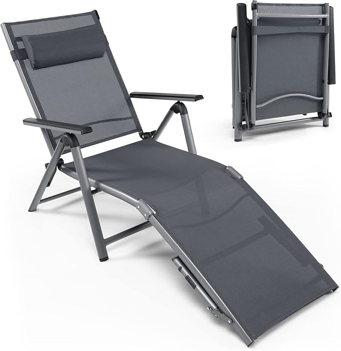 Tangkula Outdoor Aluminum Chaise Lounge Chair, Patio Folding Chaise with 8 Back and 2 Leg Adjustable Positions, Lounge Recliner with Quick-Drying Fabric for Poolside, Backyard, Beach