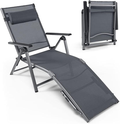 COSTWAY Folding Aluminum Lounge Chair, Outdoor Pool Lounger with 8-Position Adjustable Backrest & Ergonomic Headrest, Patio Lounge Recliner with Breathable Fabric