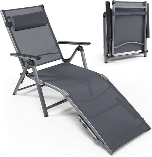 COSTWAY Folding Aluminum Lounge Chair, Outdoor Pool Lounger with 8-Position Adjustable Backrest & Ergonomic Headrest, Patio Lounge Recliner with Breathable Fabric