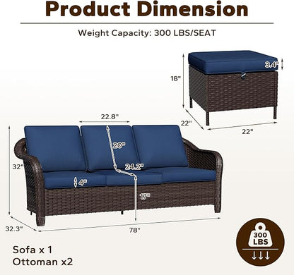 3 Piece Patio Wicker Conversation Set, All-Weather Use Outdoor Wicker Sofa with 2 PE Rattan Ottomans, Ideal for Porch, Backyard, Balcony, Poolside, Blue