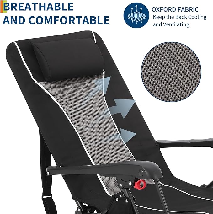 Folding Chaise Lounge Chair for Outdoor – Portable Backpack Reclining Camping Chair with Adjustable Backrest, Pillow & Breathable Fabric, Heavy-Duty 330lbs Capacity, Sun Lounger for Beach Patio Garden