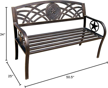 Leigh Country Texas State Seal Metal Bench, Outdoor Decorative Patio Seating for Porch/Deck