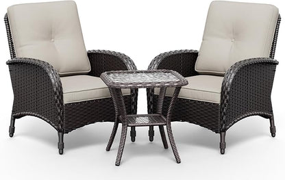 Joyside Wicker Patio Chairs, 3 Piece Rattan Outdoor Furniture with Thickened Cushions, High Back, Deep Seating, Wide Armrest, Outdoor Chairs for Porch, Deck