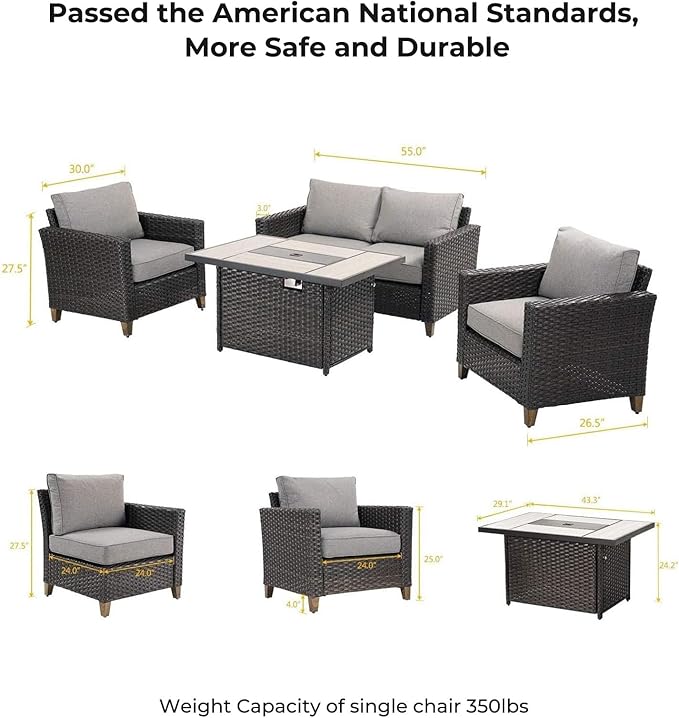 Grand patio Sofa Sets 5PCS, Patio Furniture with Fire Pit Table, Luxury Wicker, Brown