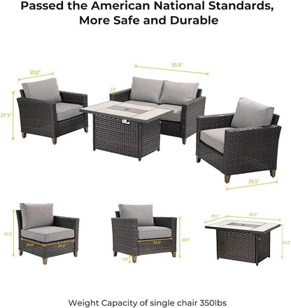 Grand patio Sofa Sets 5PCS, Patio Furniture with Fire Pit Table, Luxury Wicker, Brown