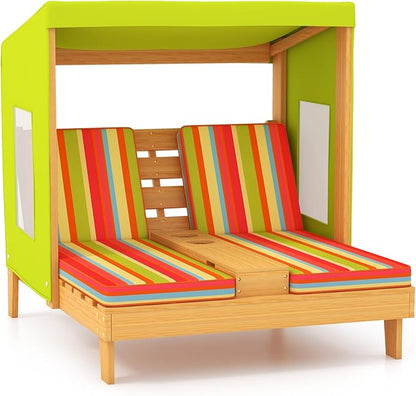 HONEY JOY Kids Chaise Lounge Chair Outdoor, Toddler Wood Double Pool Lounger Chairs w/Canopy, Cup Holders, Removable Stripped Fabric Cushions, 2-Person Kids Patio Furniture for Backyard (Light Green)