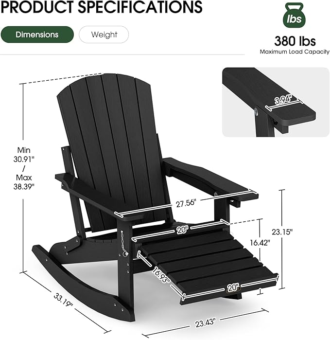 Adirondack Rocking Chair with Retractable Ottoman Set of 4, 4-in-1 Foldable Reclining Patio Chair, HDPE Wood-Look Outdoor Rocker for Porch, Garden & Poolside, Black