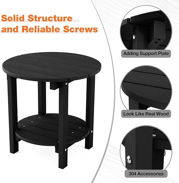 YEFU Adirondack Side Table Set of 2, 18" Double Outdoor Side Table, Poly Lumber end Table, Weather Resistant for Indoor, Patio, Pool, Porch, Backyard-Black