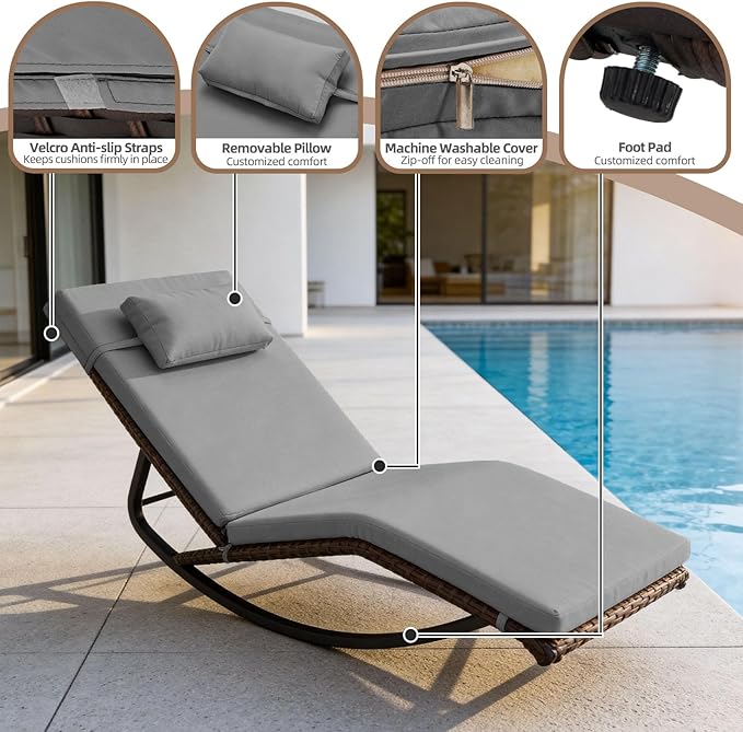 Outdoor Lounge Chair Set of 3, Patio Chaise Lounger with Folding Table and Adjustable Headrest, Easy 4-Step Assembly, All-Weather PE Rattan & Steel Frame for Pool, Patio, Porch, Backyard(Gray)