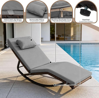 Outdoor Lounge Chair Set of 3, Patio Chaise Lounger with Folding Table and Adjustable Headrest, Easy 4-Step Assembly, All-Weather PE Rattan & Steel Frame for Pool, Patio, Porch, Backyard(Gray)