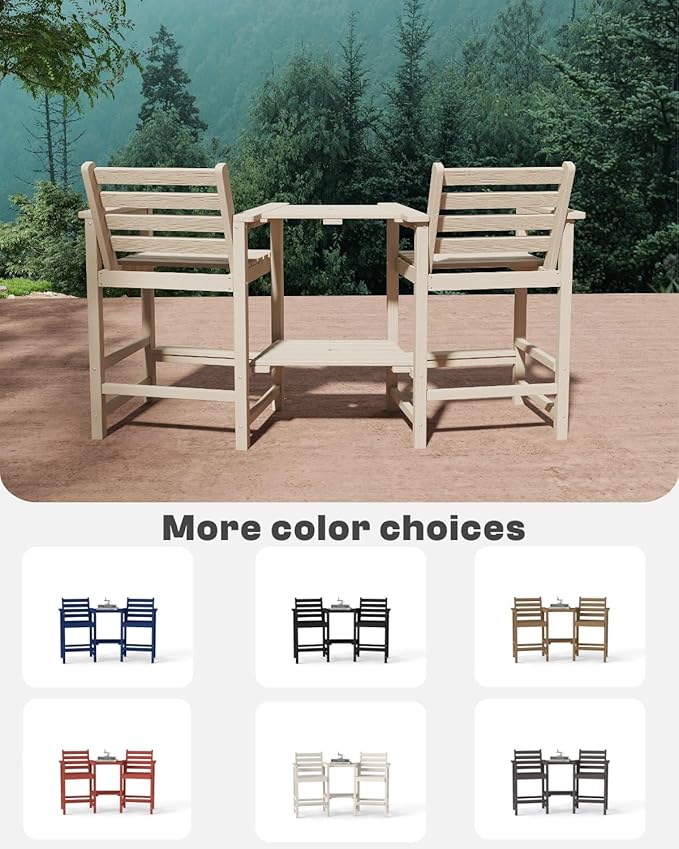 Tall HDPE Adirondack Bar Chairs Set of 2, Outdoor Balcony Bar-Height Chairs with Extra-Large Side Trays & 2" Umbrella Hole, All-Weather Patio Stools for Porch, Deck, Garden (White, 2chair)