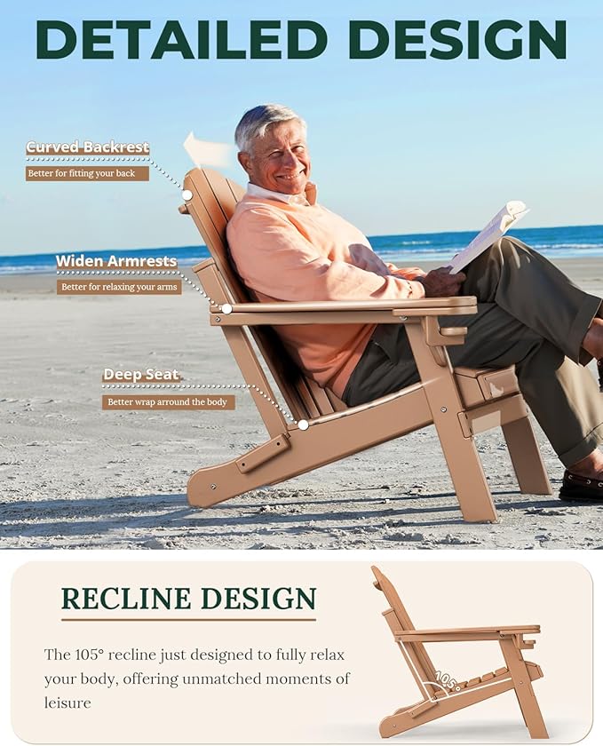BRIOPAWS Folding-Adirondack-Chairs Set of 2 | HDPE | Fire Pit Chair | Cup Holder | Weather Resistance | Teak | for Outdoor Backyard Deck Patio