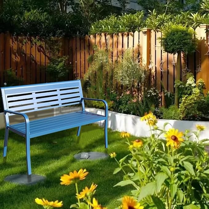 Metal Garden Bench 2-Seater, Aluminum Park Bench with Backrest and Armrests, Weatherproof Outdoor Furniture Loveseat(Blue)