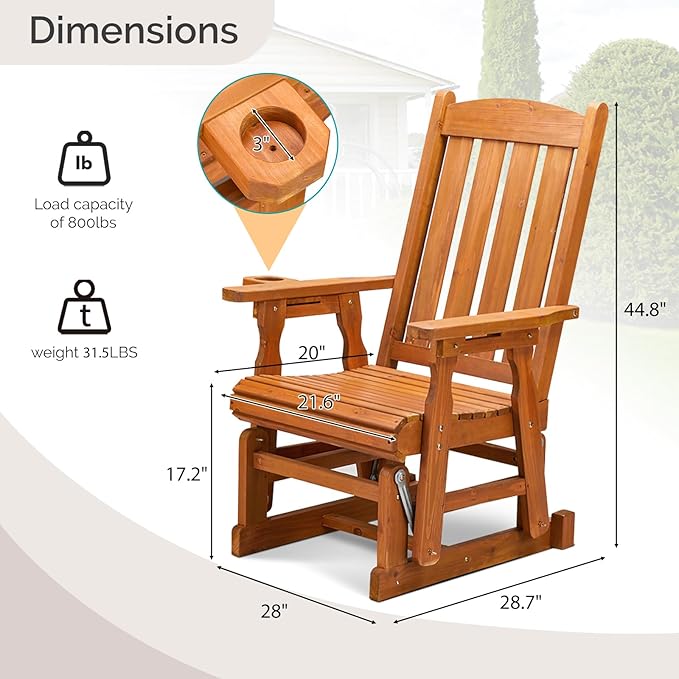 VINGLI Wooden Patio Glider, Heavy Duty 600 LBS Outdoor Glider with Cup Holders - Photo 3