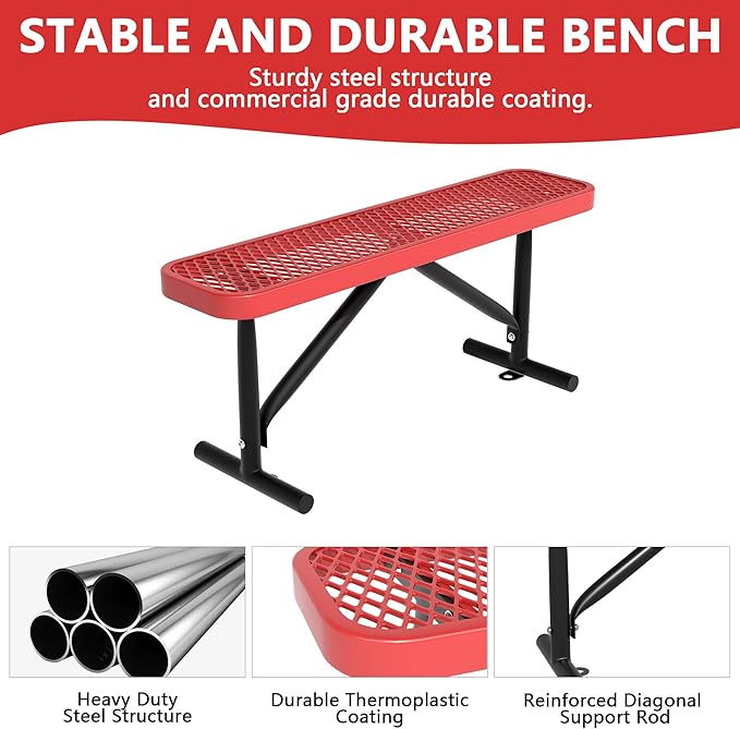 4FT Metal Park Bench for Outside, All-Weather Thermoplastic Coating Outdoor Bench with Anchor, Commercial Heavy Duty Benches for Shopping Malls, Stores, Parks, Patios, Decks, Red
