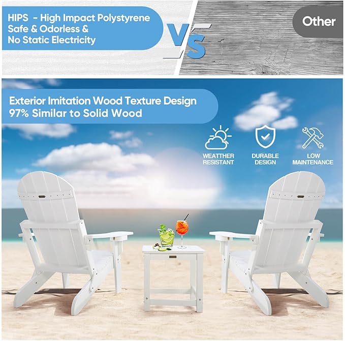 Folding Adirondack Chair, All Weather Resistant Plastic Chair with Cup Holder, Fold or Unfold Easily in 1 Second, Outdoor Chairs for Patio, Garden, Backyard Deck, Lawn Fire Pit(White)