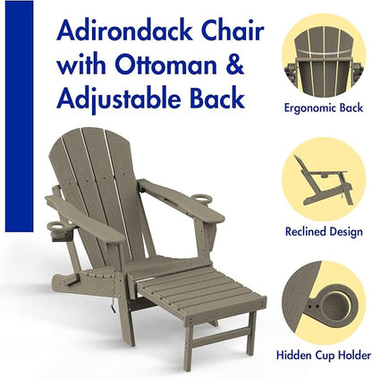 BRIOPAWS Folding Adirondack Chair with Adjustable Backrest & Ottoman, Wood Texture All-Weather HDPE Outdoor Chairs w/Cup Holders & Retractable Footrest for Poolside, Fire Pit, Campfire, Light Brown