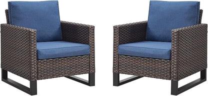 Rilyson Wicker Outdoor Patio Chairs Set of 2-2 Piece Rattan Chairs with Waterproof Wicker,Comfortable Cushions and Sturdy Metal Frame for Outside Porch Deck Backyard(Brown/Blue)