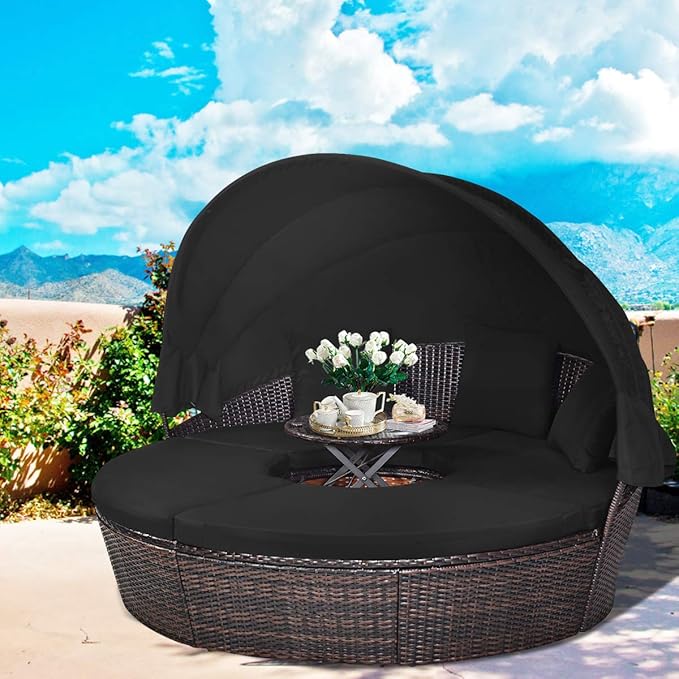 RELAX4LIFE Round Outdoor Daybed with Canopy, Rattan Wicker Sectional Sofa Set w/Cushions, Height Adjustable Table - Photo 2