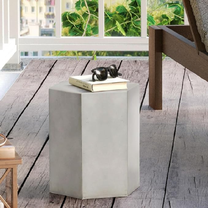 HOMPUS Concrete Side Table, Hexagon Outdoor Side Table, Modular Design Accent Table, Indoor Patio End Tables, Light Grey Home Décor for Living Room, Bedroom or Backyard (14.5" L x 12.5" W x16 H)