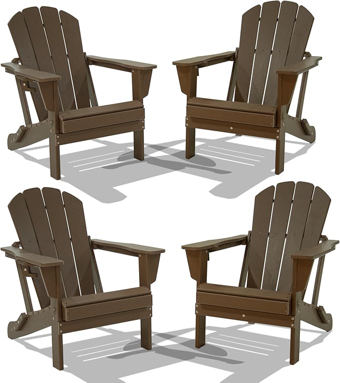 Domi Folding Adirondack Chairs Set of 4, HDPE All-Weather Outdoor Chairs with Cup Holder, Wooden Textured Fire Pit Chairs for Backyard, Patio, Poolside & Deck, Khaki