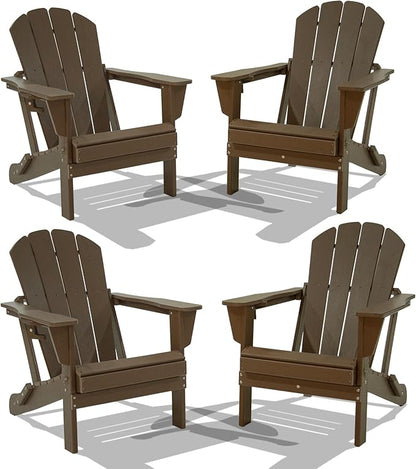 Domi Folding Adirondack Chairs Set of 4, HDPE All-Weather Outdoor Chairs with Cup Holder, Wooden Textured Fire Pit Chairs for Backyard, Patio, Poolside & Deck, Khaki