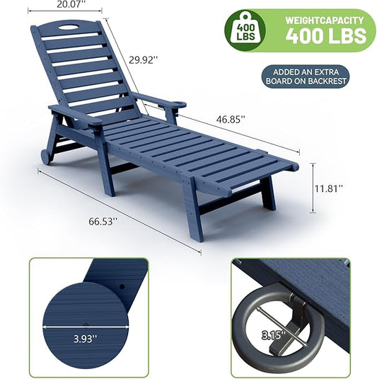 Outdoor Lounge Chairs, 78'' Long Patio Lounge Chair HDPE 5-Position Adjustable with Cup Holder & Rolling Wheels, Pool Lounge Chair for Sunbathing Tanning, Deck, Poolside -Dark Blue